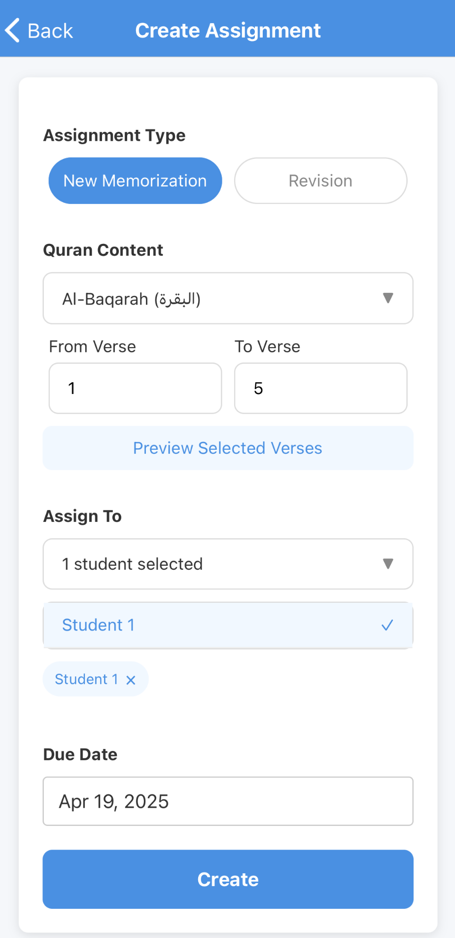 Create New Assignment Interface
